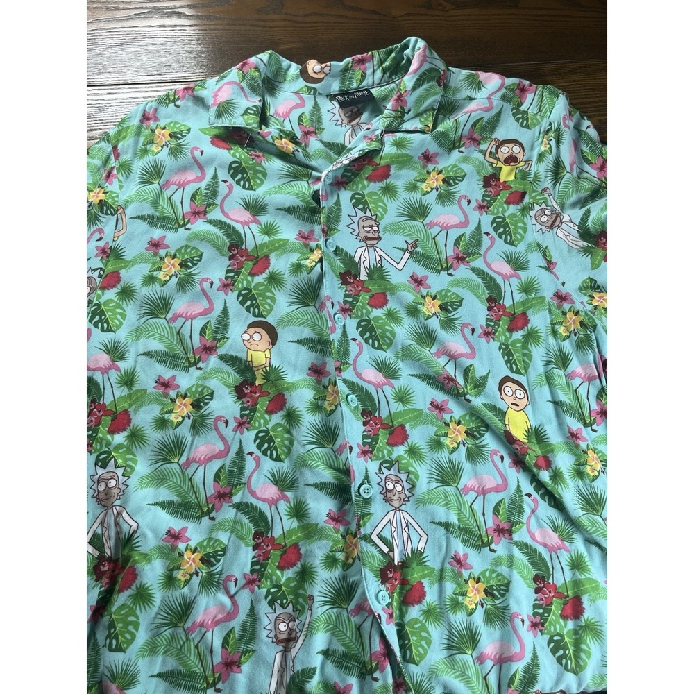 Rick and Morty Adult Swim Men Button Up Shirt Hawaiian Flamingo Short Sleeve XL